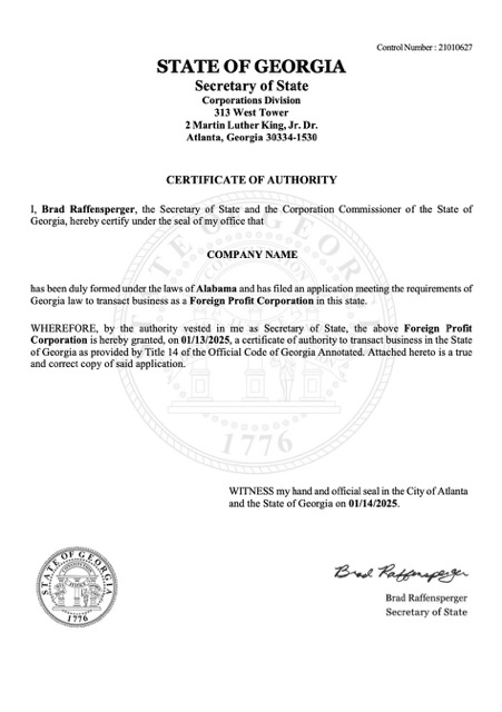 USA Georgia certificate of authority Word and PDF template